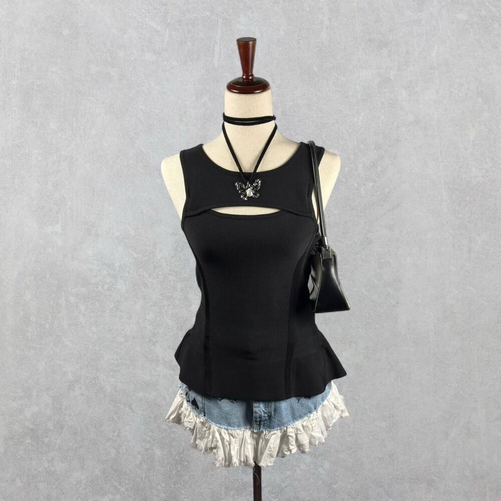 Indie Sleaze Bebe Heavy Ribbed Knit Cutout Peplum Hemline Bandage Tank Top